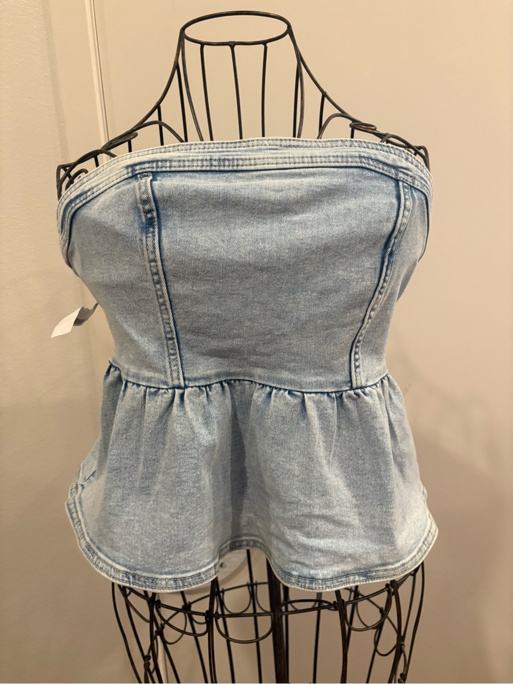 H&M Light Blue Denim Strapless Peplum Top